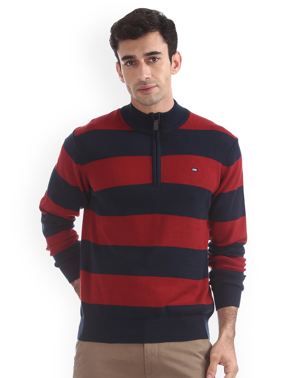 

Arrow Sport Men Red & Navy Blue Striped Pullover