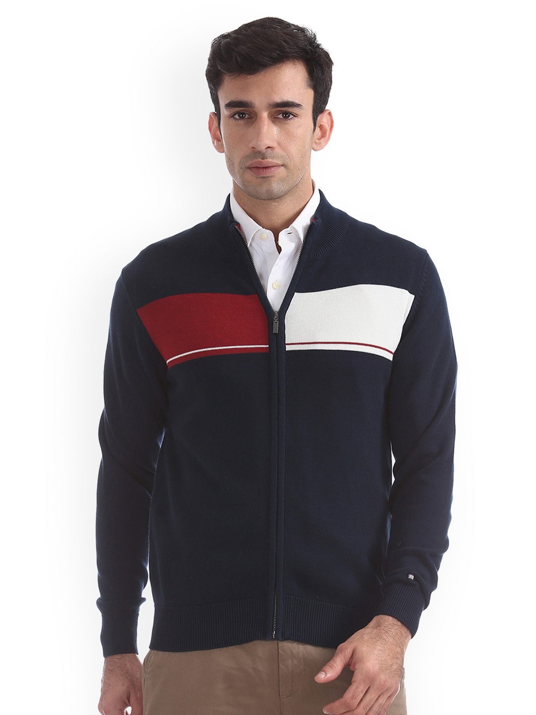 

Arrow Sport Men Navy Blue & Red Colourblocked Cardigan