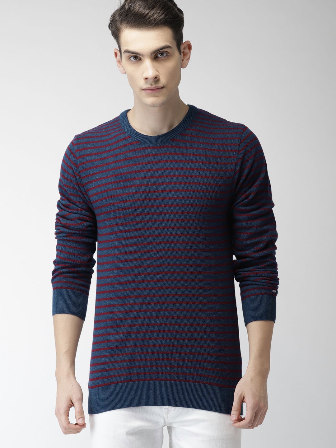 

Arrow Sport Men Navy Blue & Red Solid Pullover Sweater