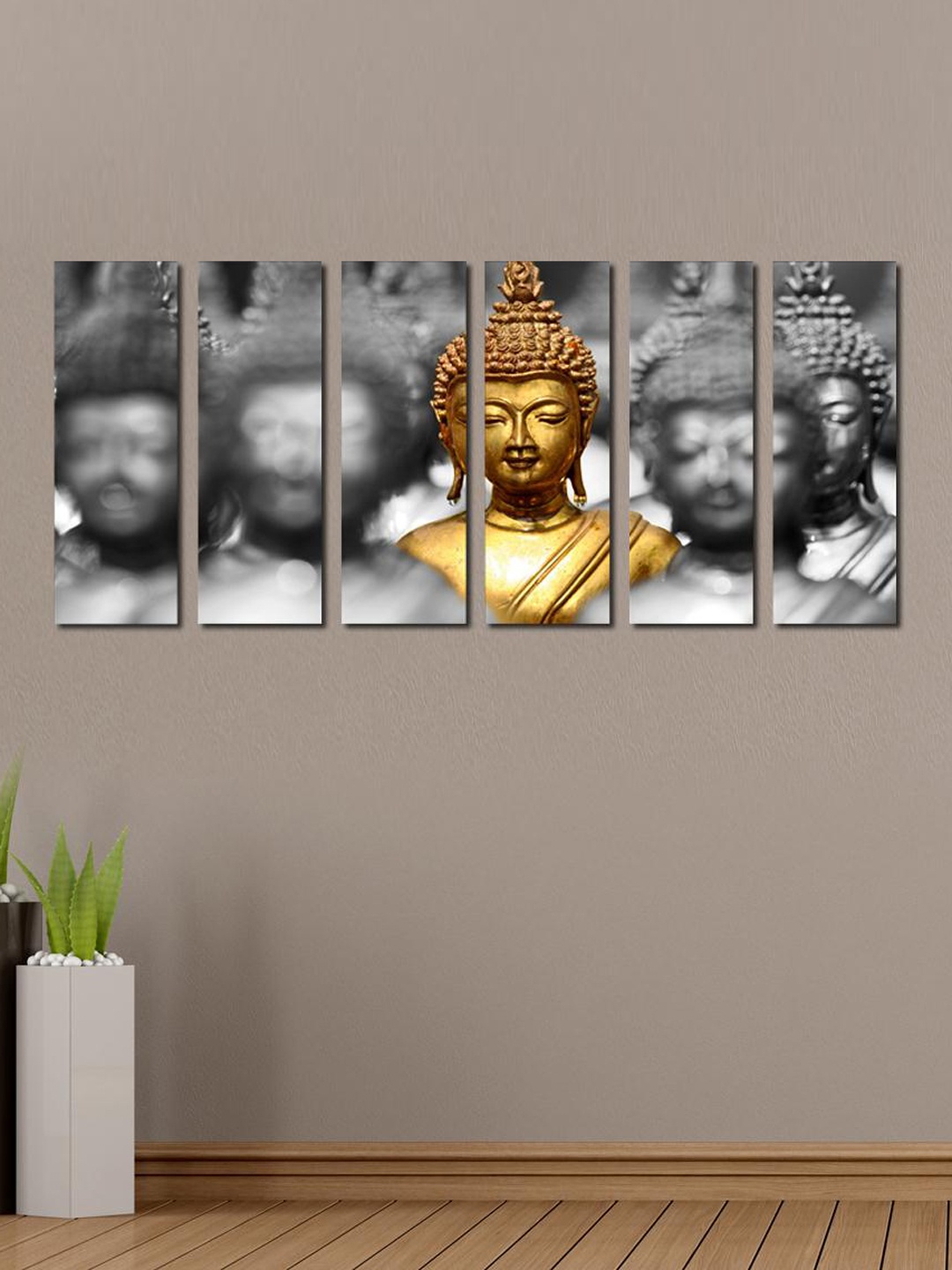 

999Store Grey & Gold-Toned Set of 6 Black Buddha Statue Wall Art