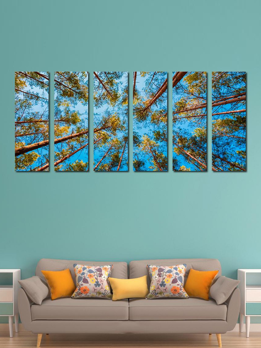 

999Store Blue, Brown & Green 6-Panel Trees Facing Sky Wall Art