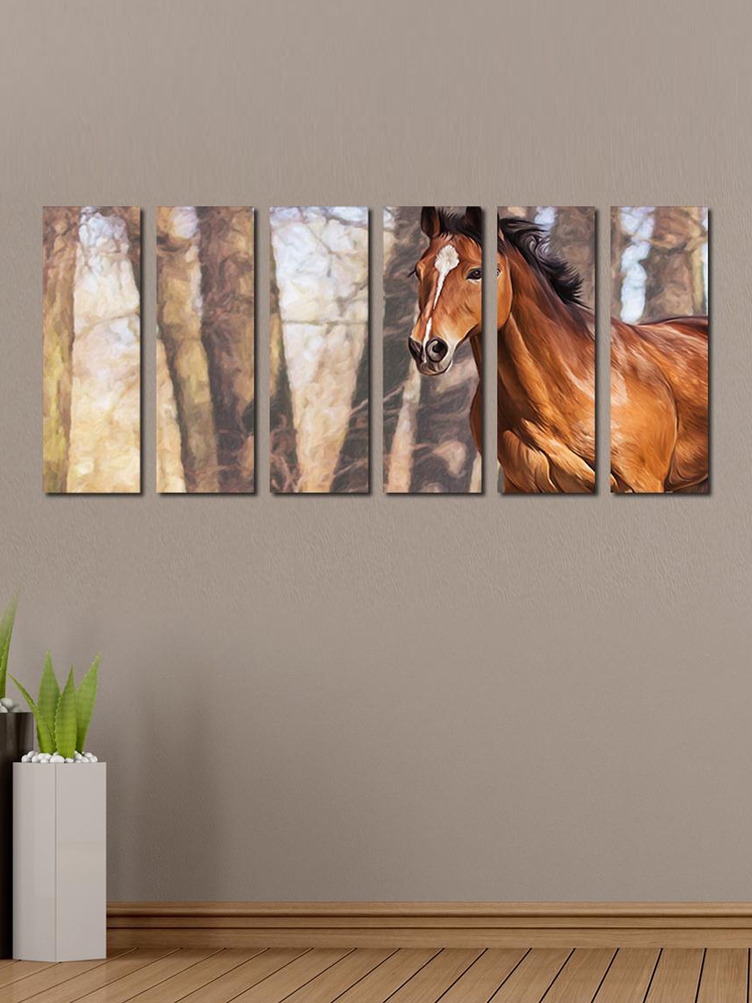 

999Store Brown Set of 6 Horse in The Forest Art Panels Wall Art