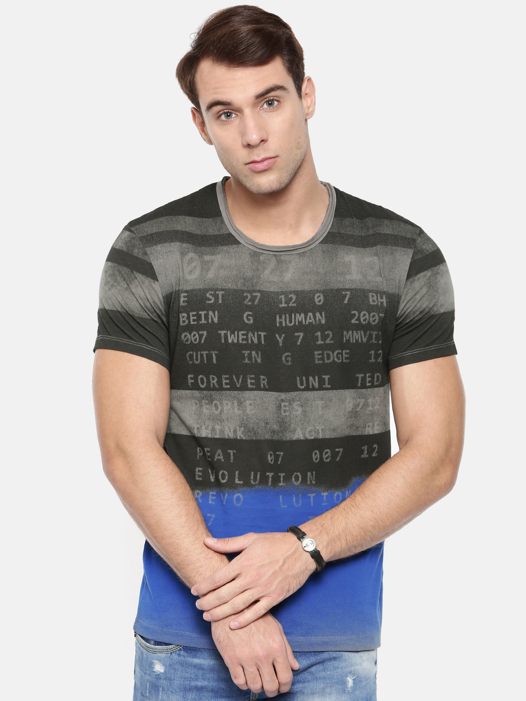 

Being Human Men Charcoal Blue Printed Round Neck Pure Cotton T-shirt
