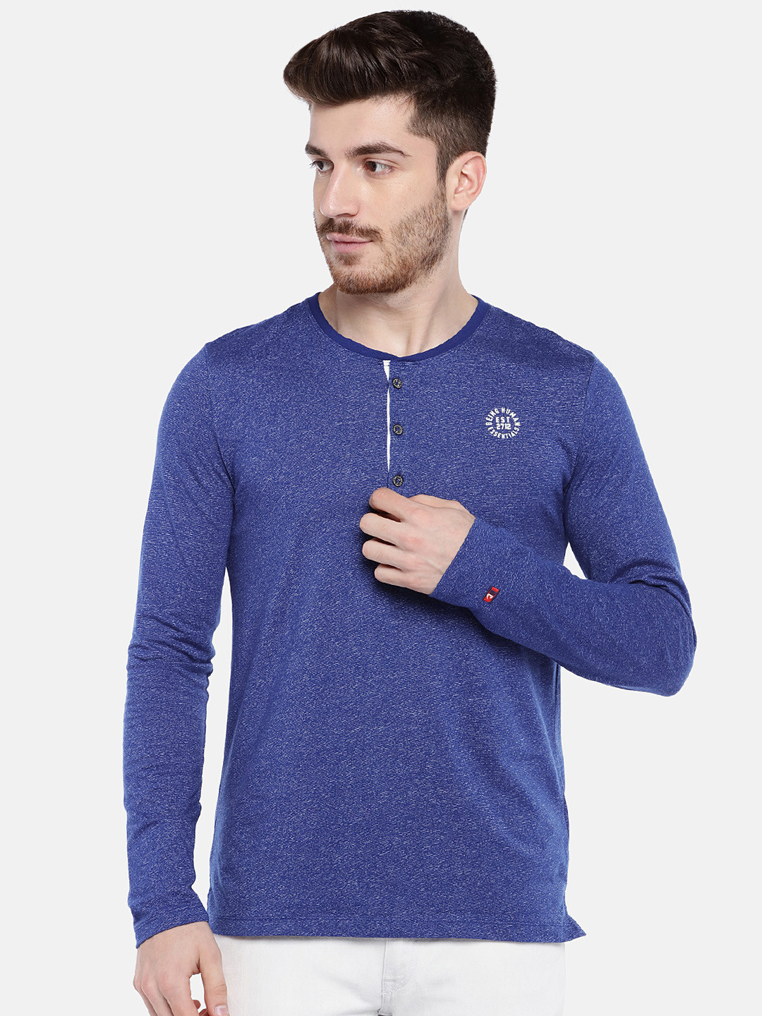 

Being Human Men Blue Self Design Henley Neck T-shirt