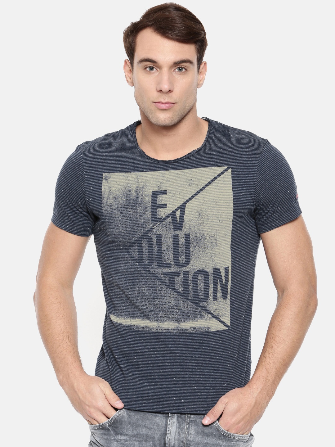 

Being Human Men Navy Blue Striped Round Neck T-shirt