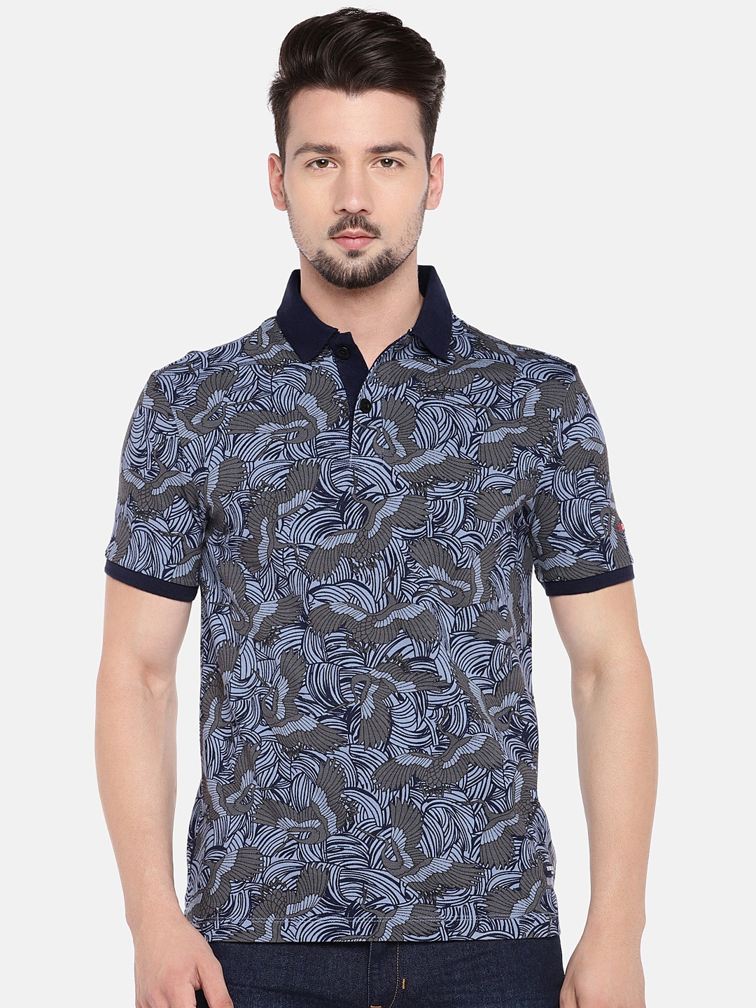 

Being Human Men Blue Printed Polo Collar Pure Cotton T-shirt