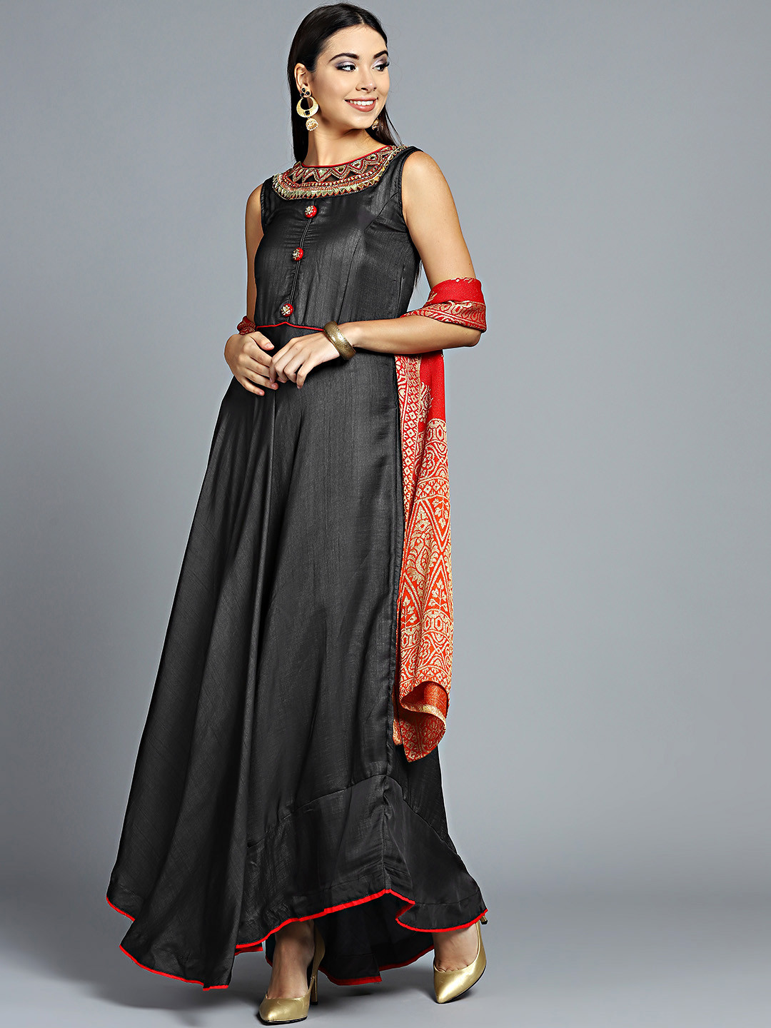 

Chhabra 555 Charcoal Grey and Red Made to Measure Straight Kurta with Churidar & Dupatta