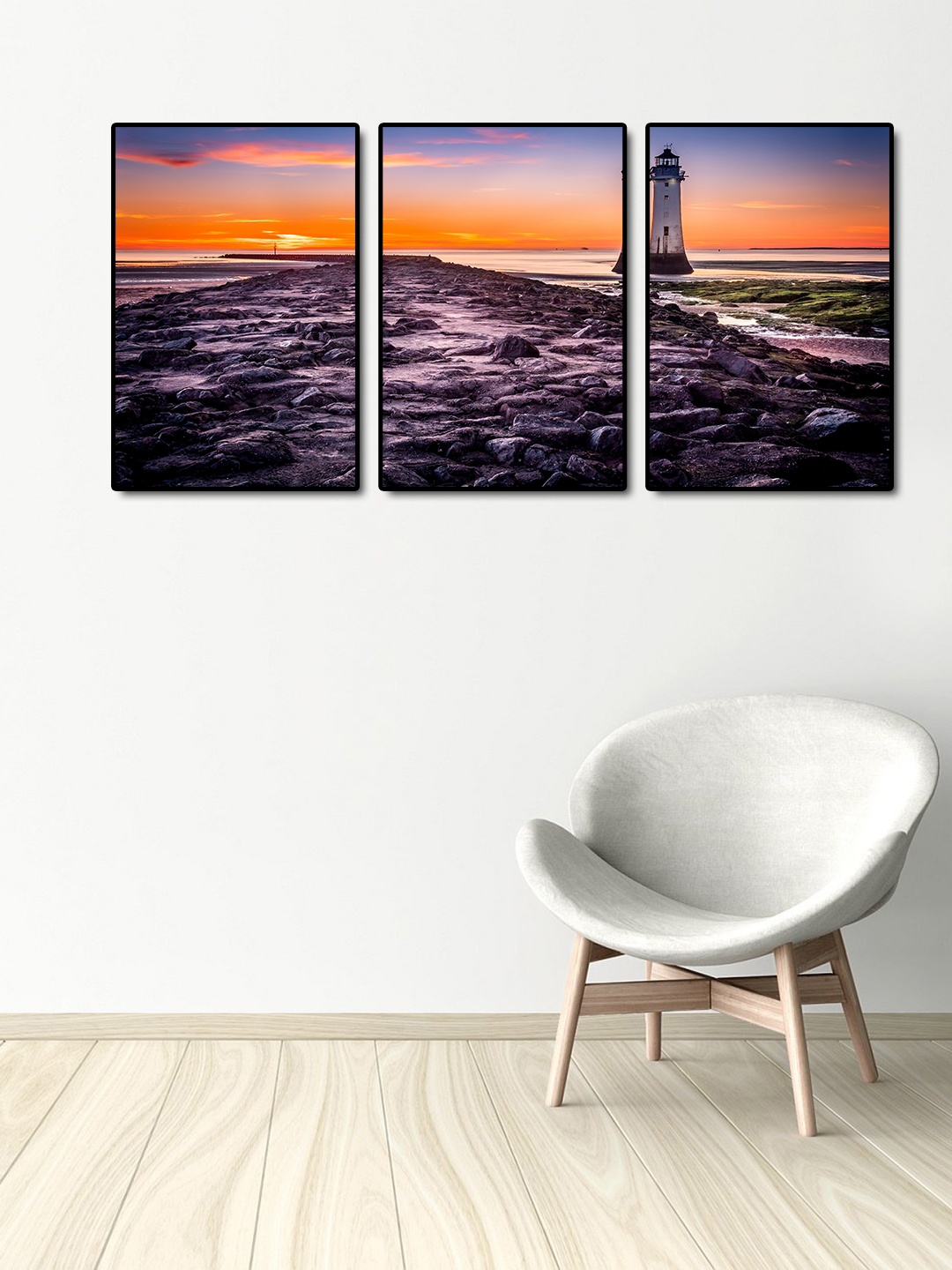 999Store Multicoloured Sea Shore Tower 3-Panel Wall Art, Multi