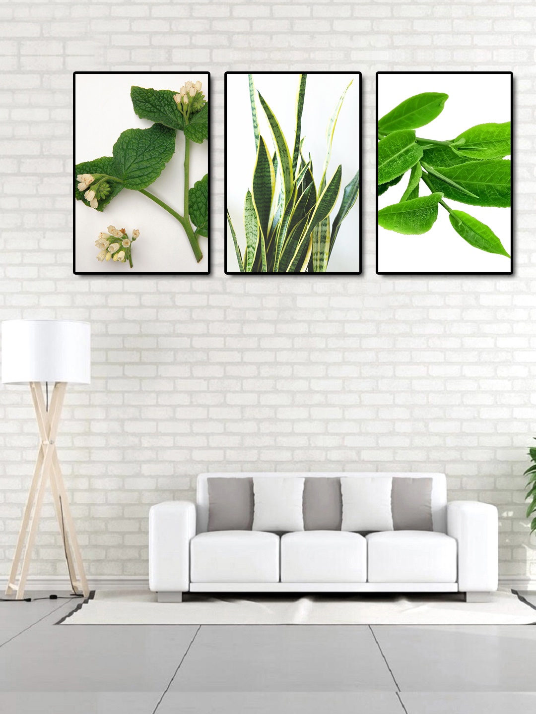 

999Store Set Of 3 Green & White Leaves Painting Wall Art