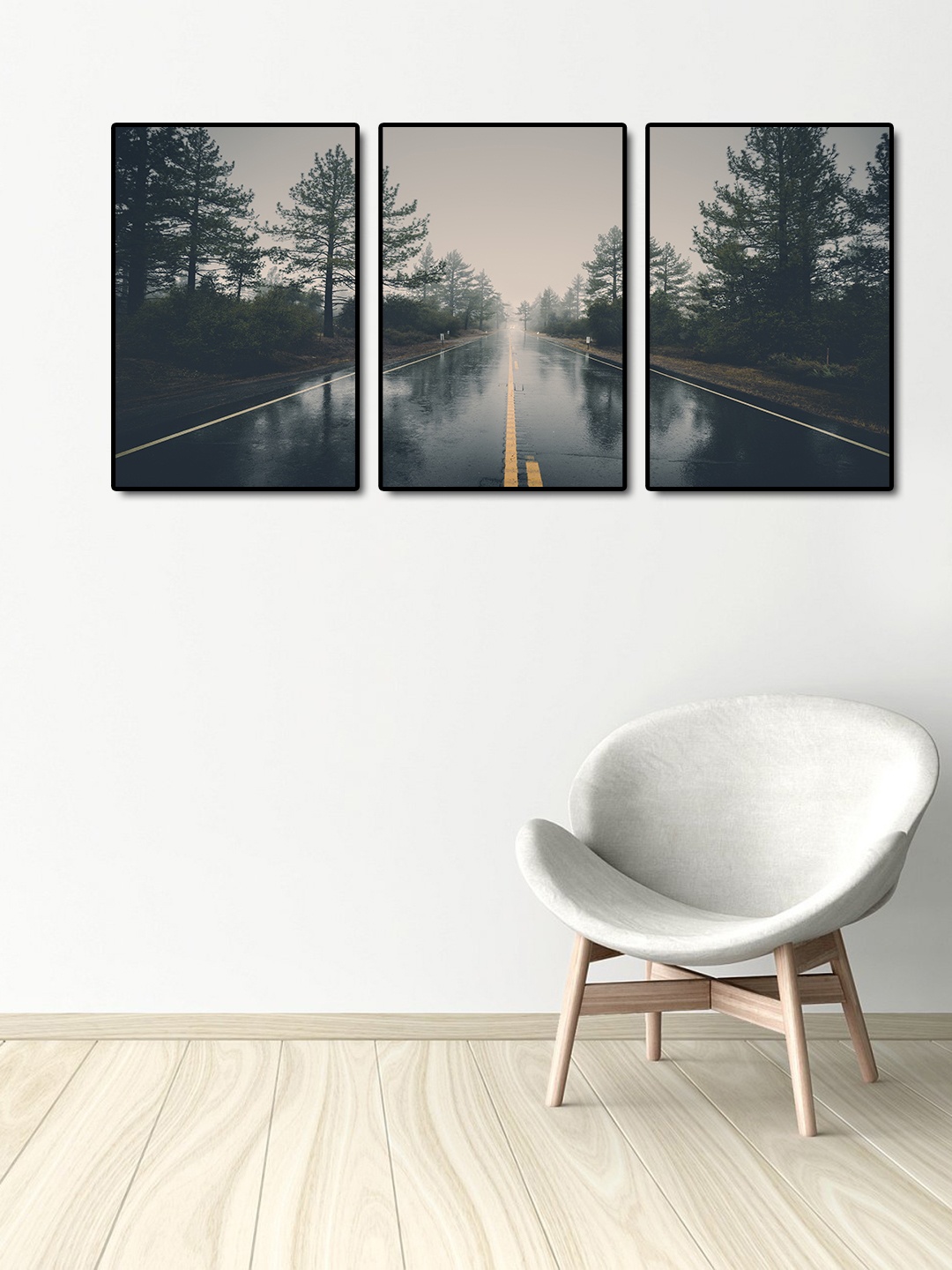 

999Store Set of 3 Grey & Green Forest Road Wall Art