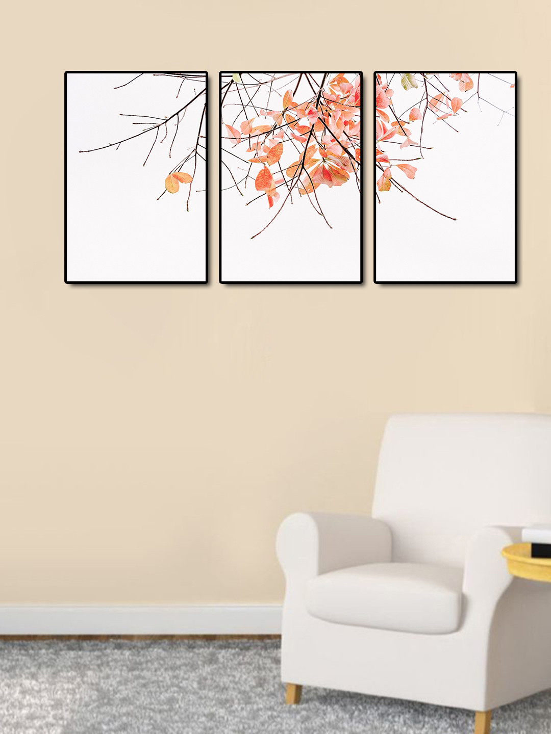 

999Store White & Peach 3-Panel Tree Leaves Wall Art