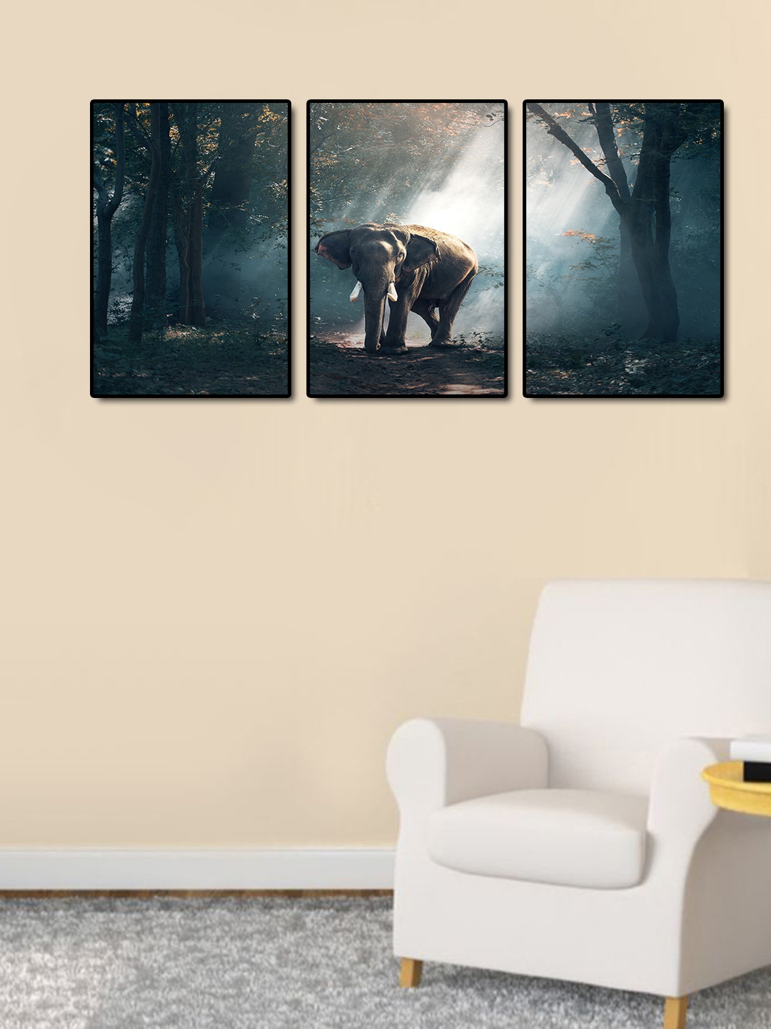 

999Store Grey, Brown & Green 3-Panel Elephants In The Jungle Wall Art