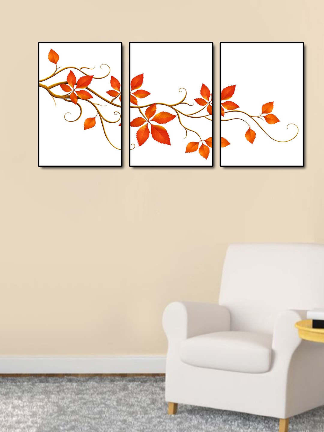 

999Store Set of 3 White, Yellow & Brown Leaves Stems Wall Art