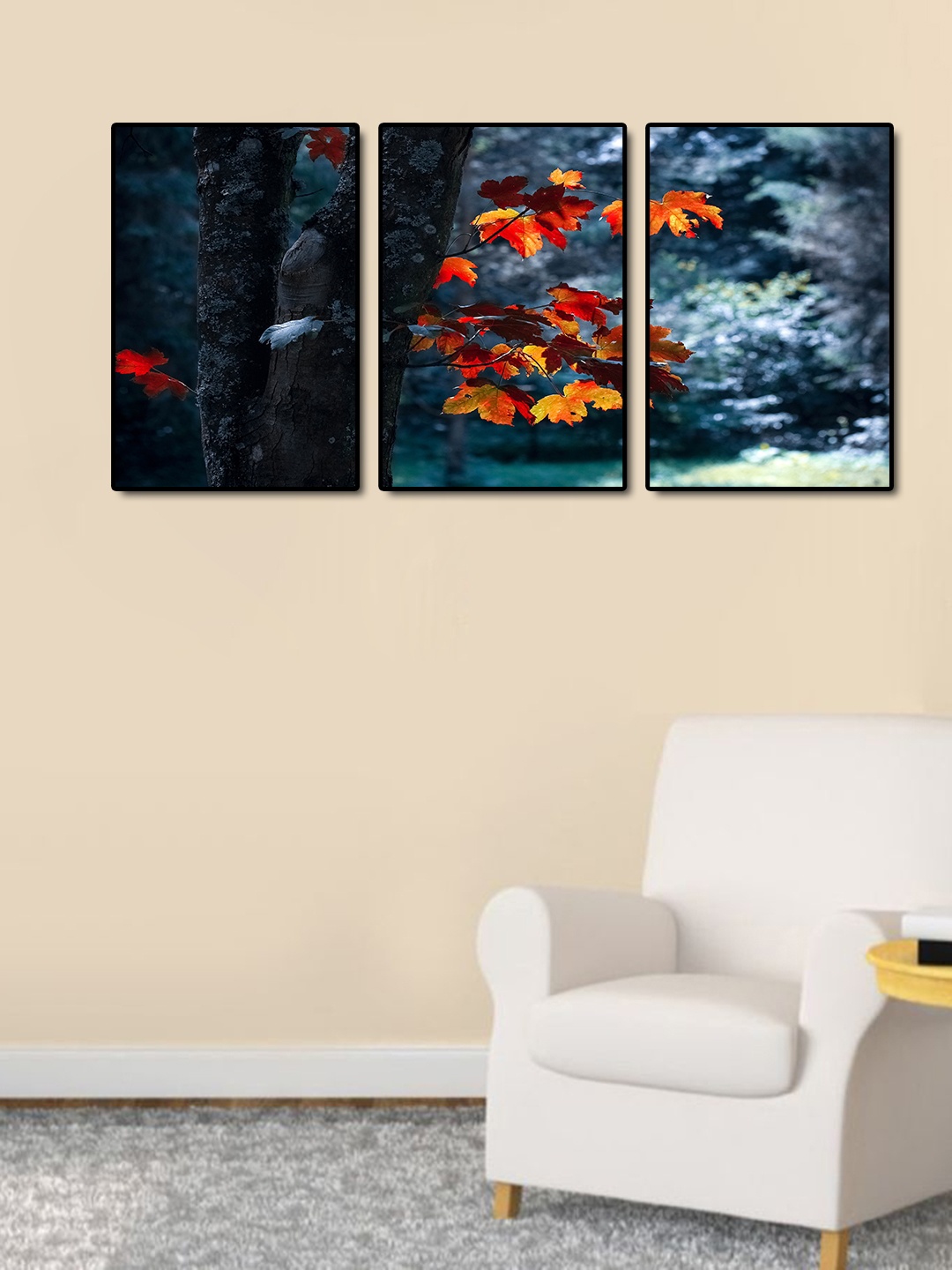 

999Store Set Of 3 Grey & Orange Trees Painting Wall Art