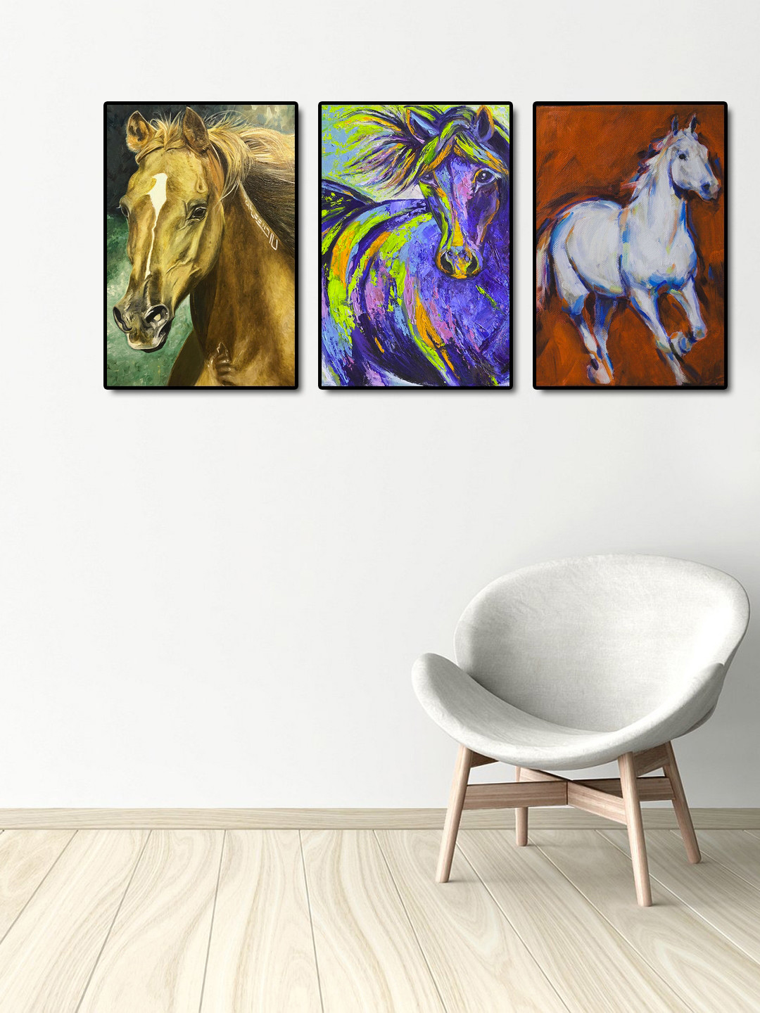 

999Store Set Of 3 Multicoloured Horses Painting Wall Art, Multi