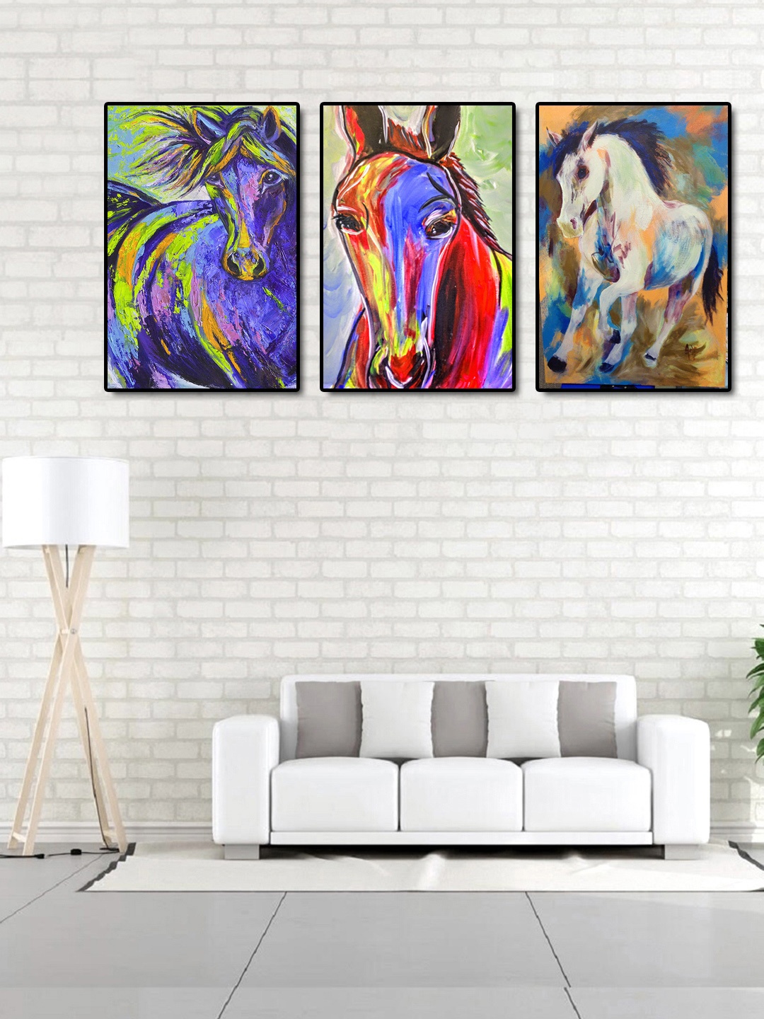 

999Store Set Of 3 Multicoloured Horses Painting Wall Art, Multi