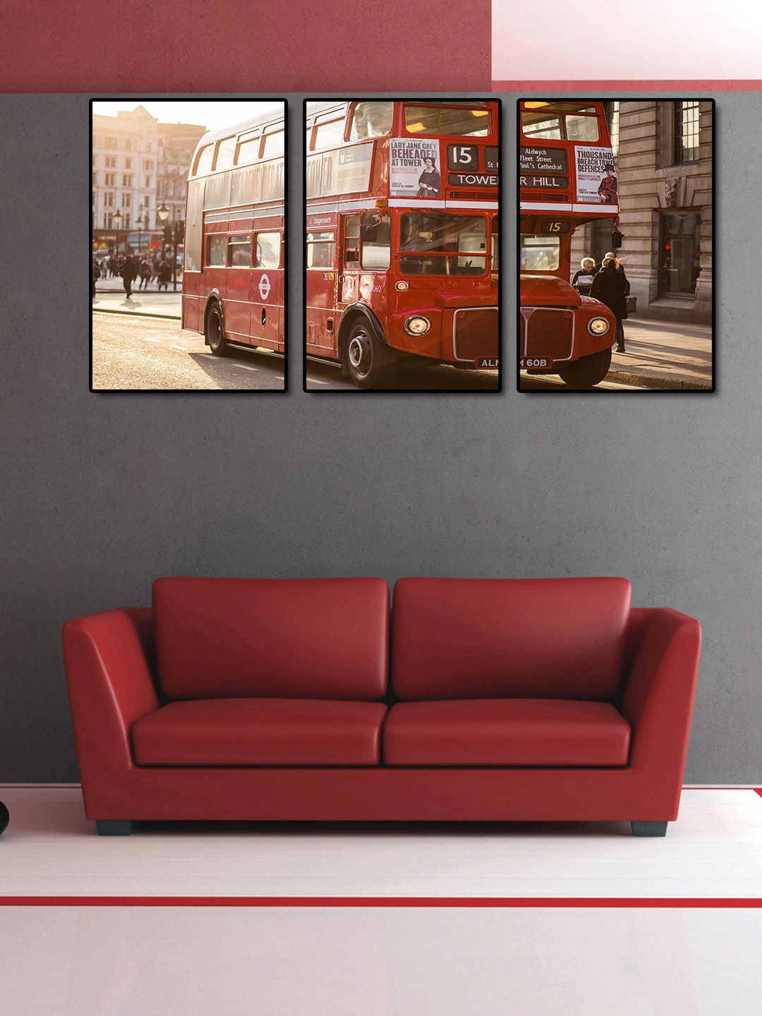 

999Store Set Of 3 Red & Brown Double Decker Bus Handpainted Wall Art