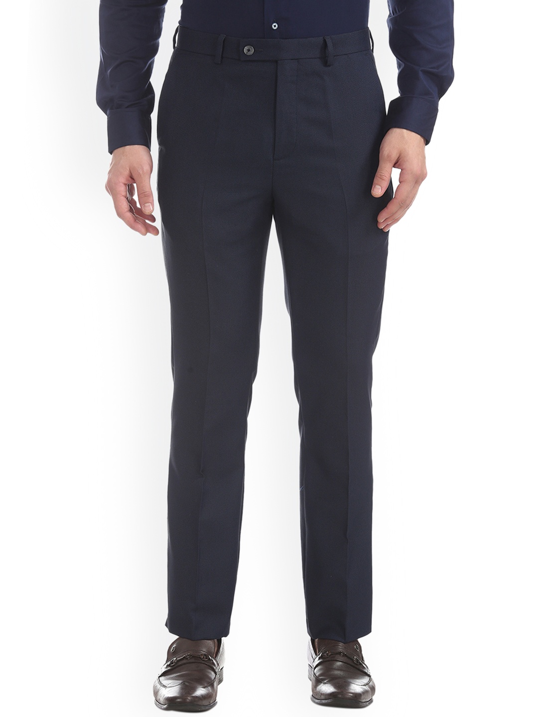 

Arrow New York Men Navy Blue Tapered Fit Self Design Formal Trousers