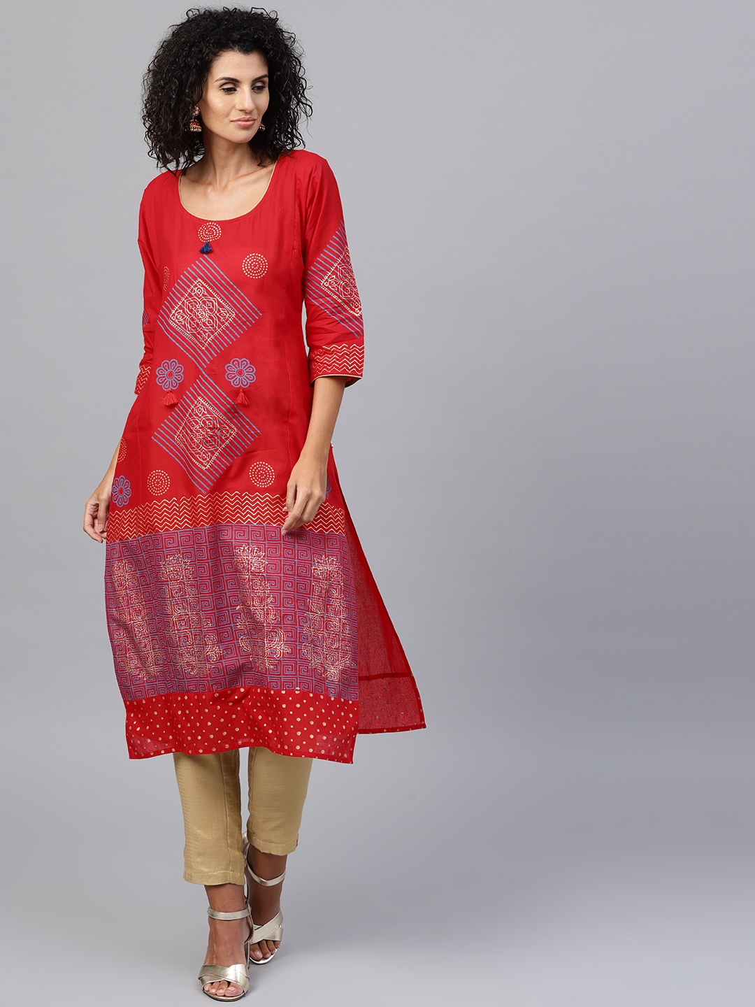 

Aujjessa Women Red & Teal Blue Printed A-Line Kurta