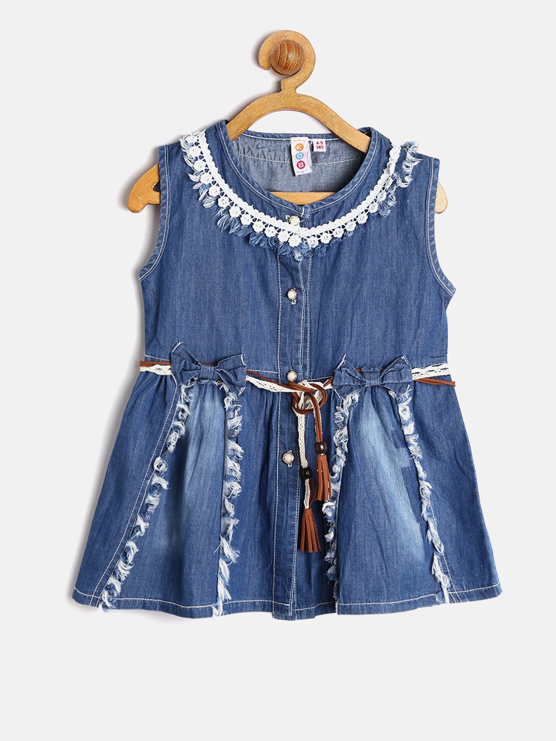 

Kids On Board Girls Blue Washed Chambray A-Line Dress with Fringed Detail