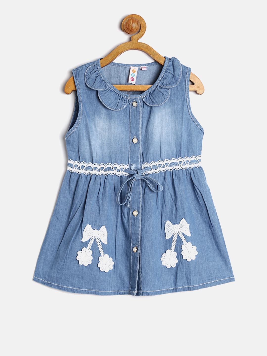 

Kids On Board Girls Blue Washed Denim A-Line Dress with Lace Detail