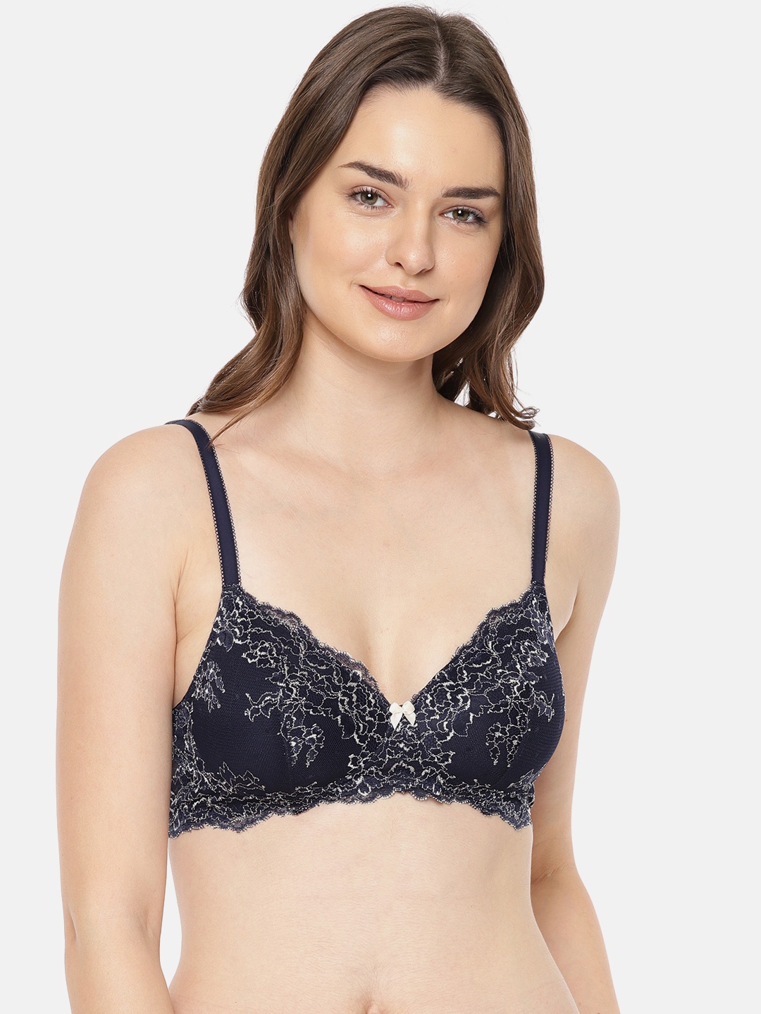 

Amante Navy Blue Self Design Non-Wired Lightly Padded T-shirt Bra