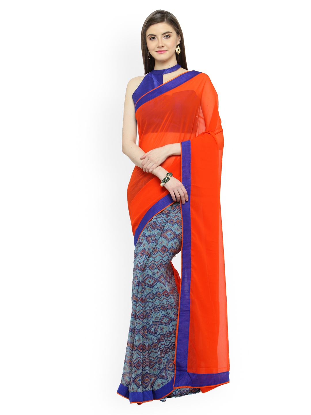 

Shaily Orange Printed Pure Georgette Half & Half Saree