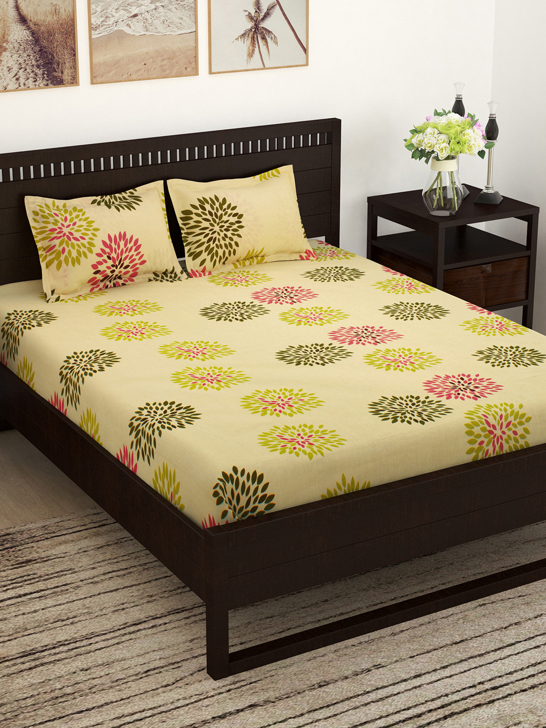 

Story@home Cream-Coloured Floral Flat 152 TC Cotton 1 Double Bedsheet with 2 Pillow Covers
