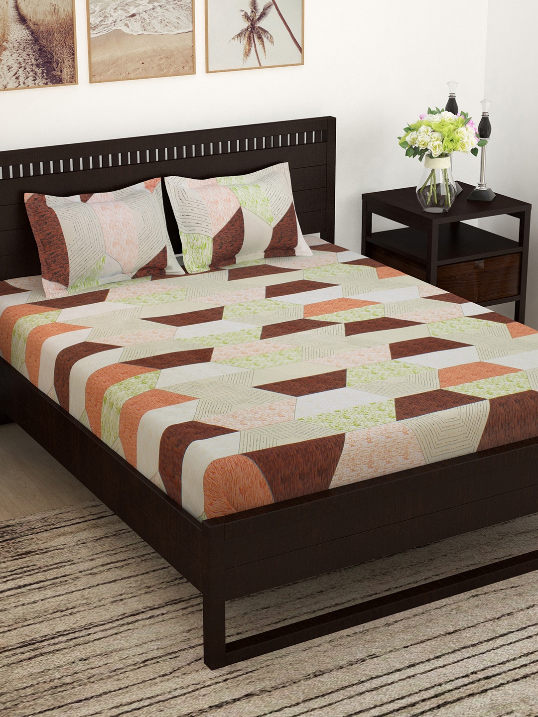 

Story@home Brown Geometric Flat 144 TC Cotton 1 Double Bedsheet with 2 Pillow Covers