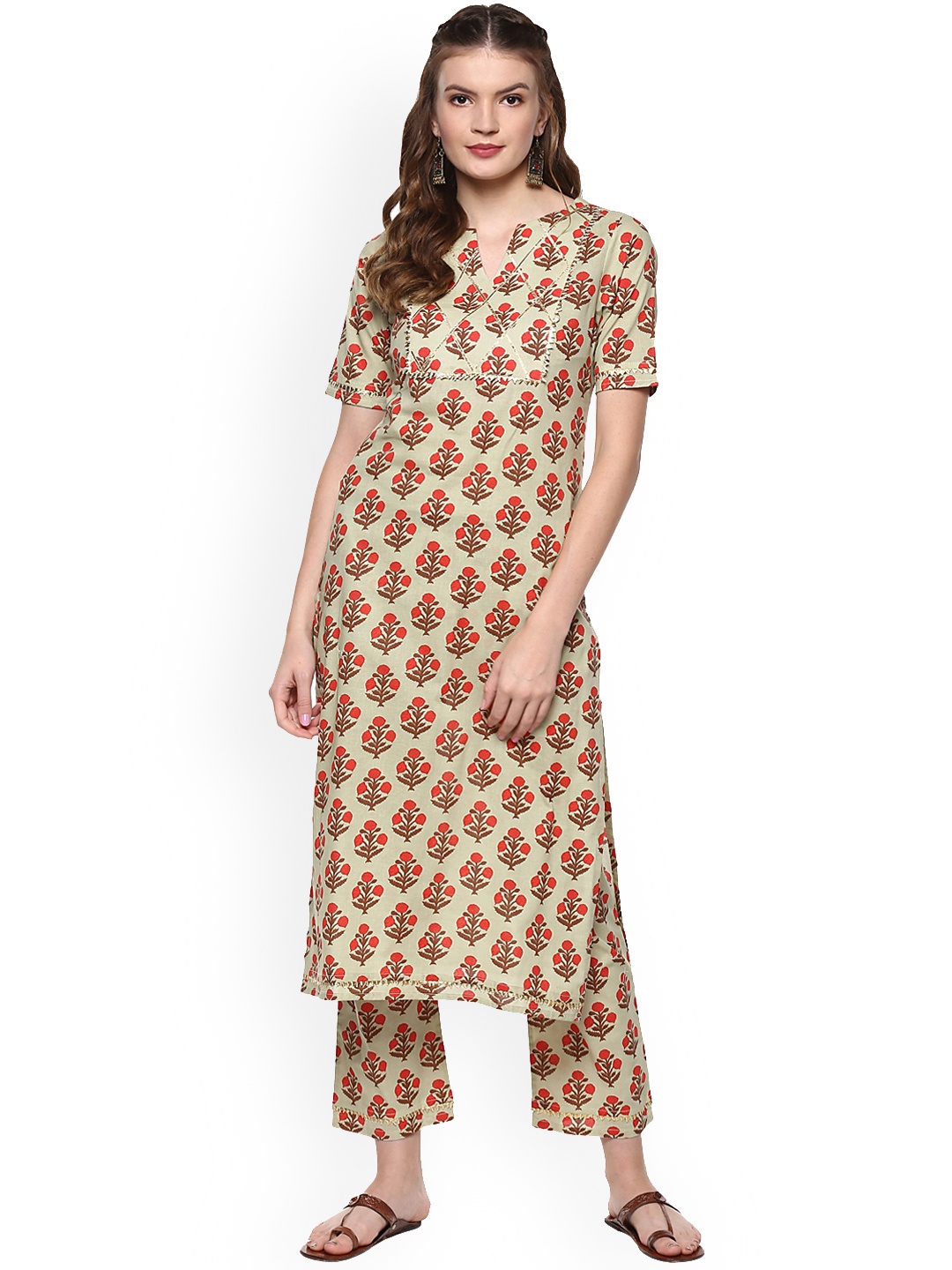 

Idalia Women Green & Red Printed Kurta with Pyjamas
