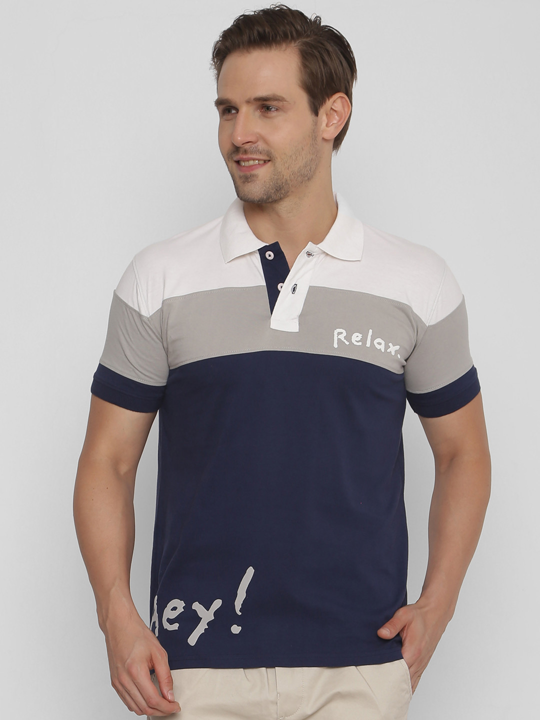 

FIDO DIDO Men Navy Blue Colourblocked Slim Fit Polo Collar Pure Cotton T-shirt