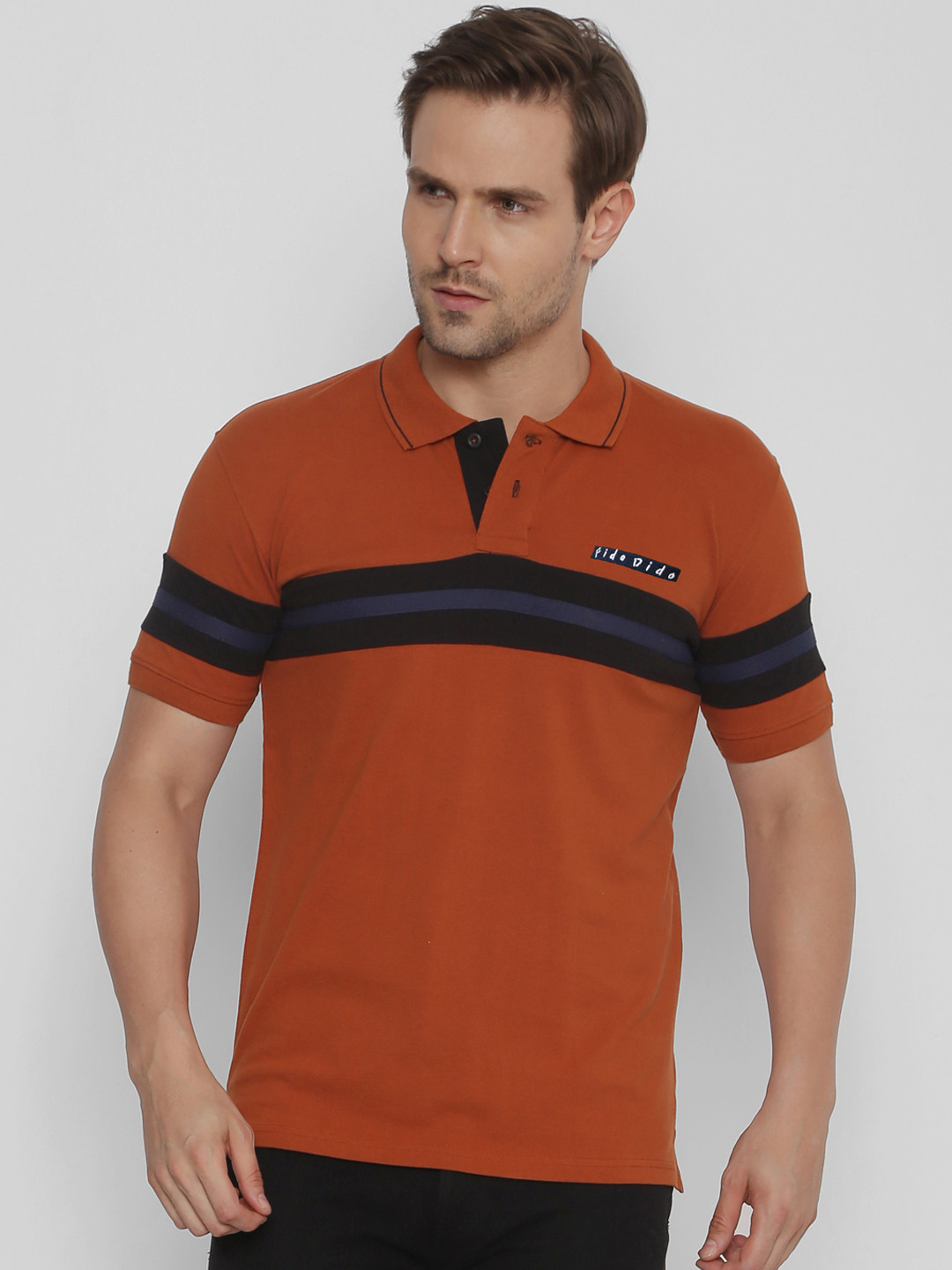 

FIDO DIDO Men Rust Orange Striped Slim Fit Polo Collar Pure Cotton T-shirt