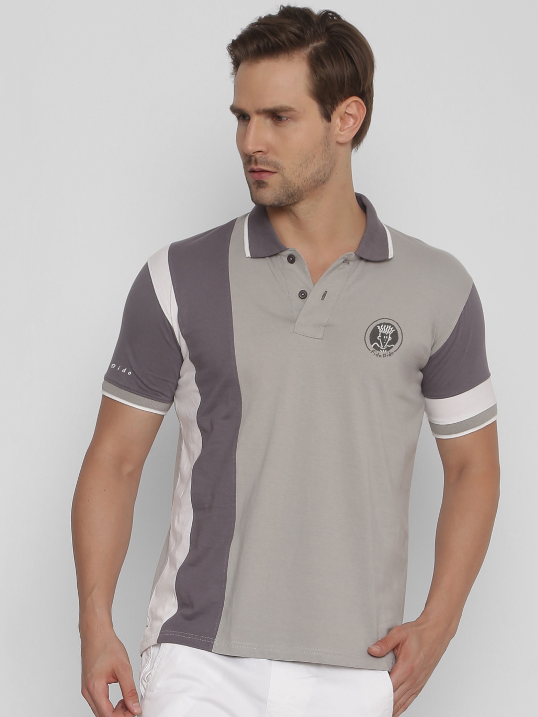 

FIDO DIDO Men Taupe Colourblocked Polo Collar Pure Cotton T-shirt