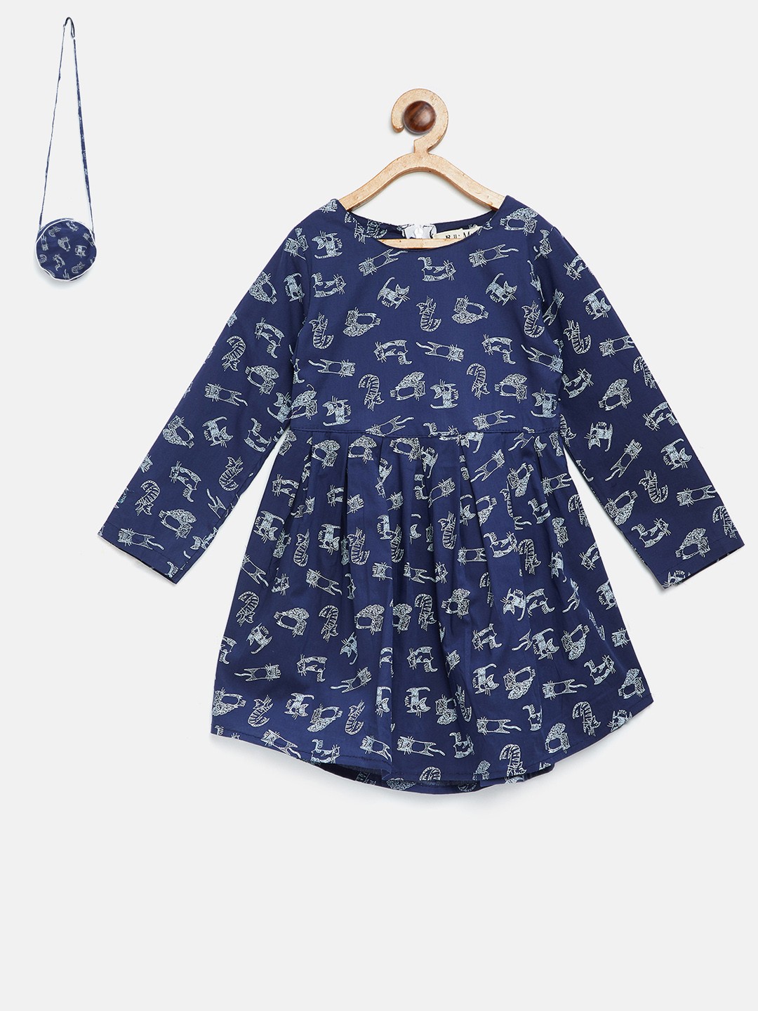 

Bella Moda Girls Navy Blue & White Printed Fit and Flare Dress With Sling Bag