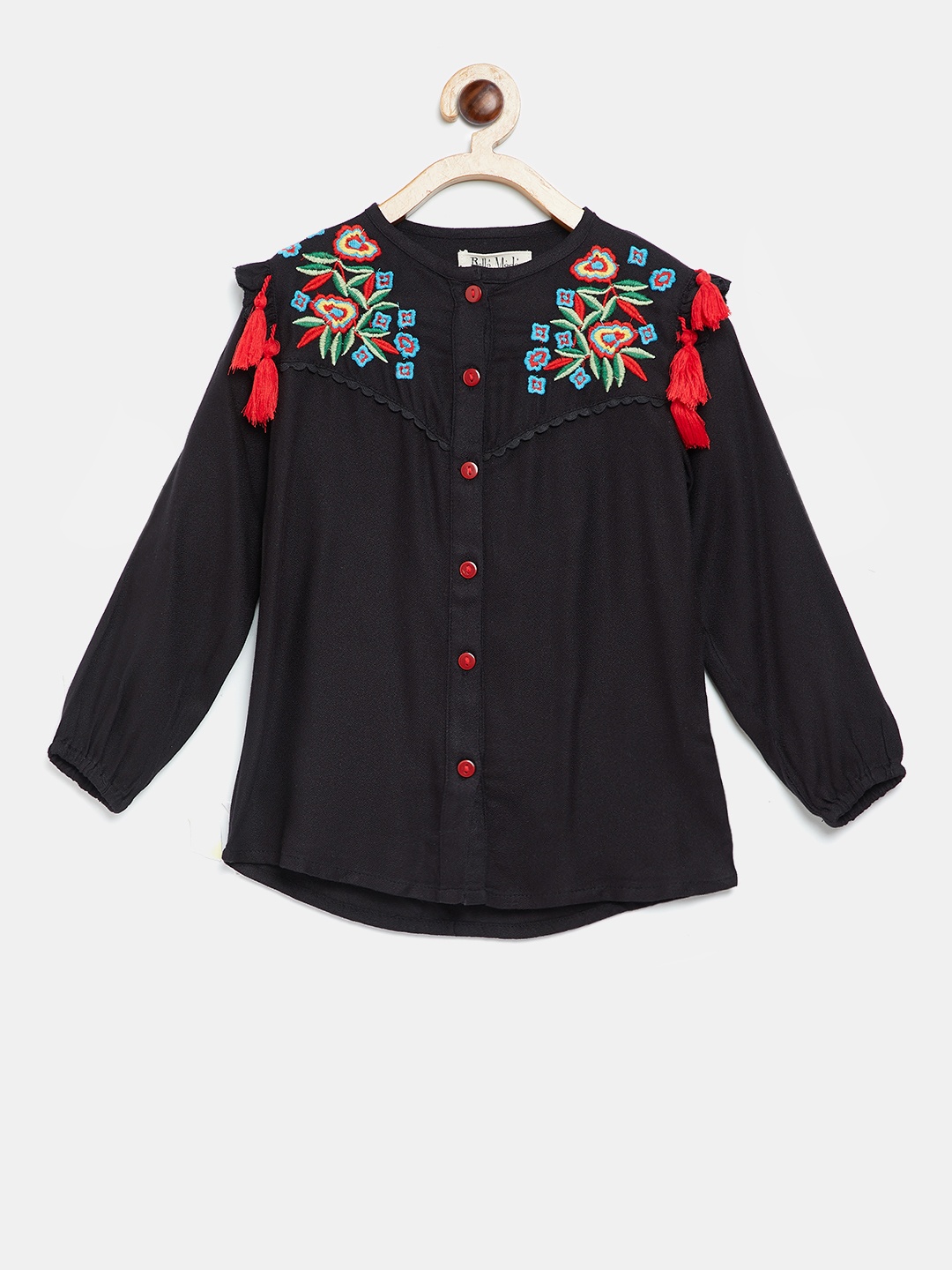 

Bella Moda Girls Black Solid Shirt-Style Top with Embroidered & Tasselled Detail