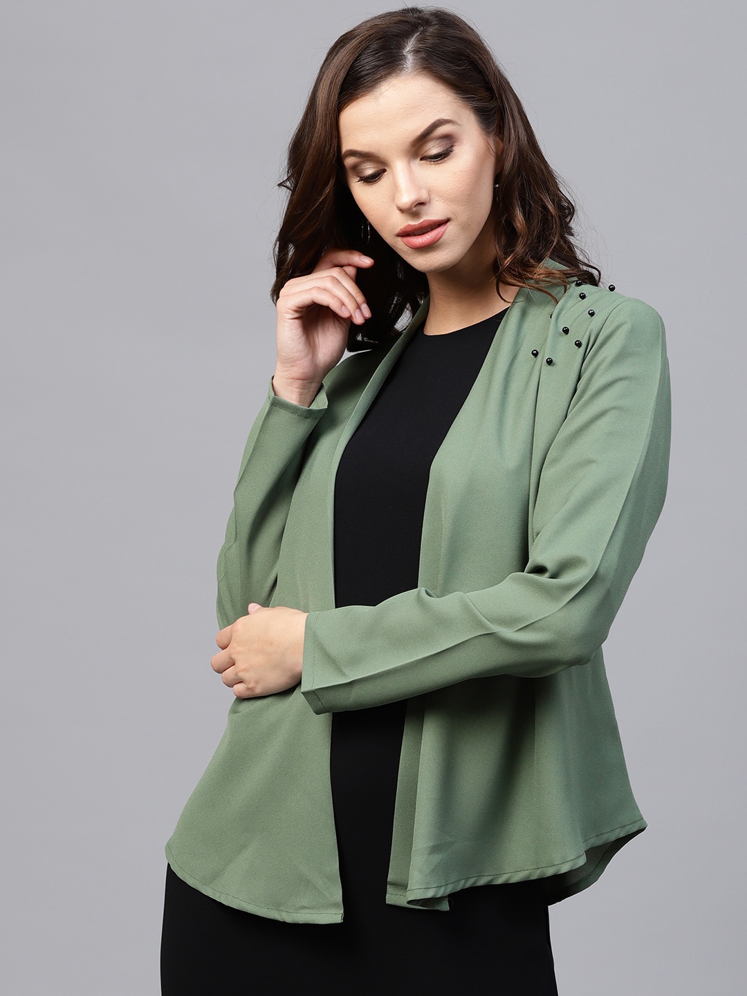 

Athena Olive Green Solid Open Front Shrug