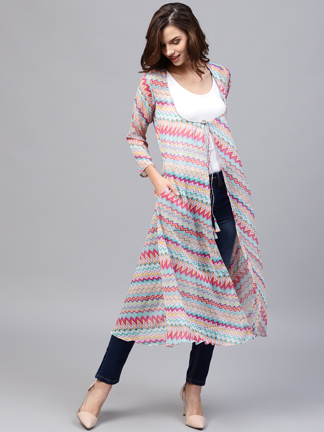 

Athena White & Pink Printed Longline Tie-Up Shrug