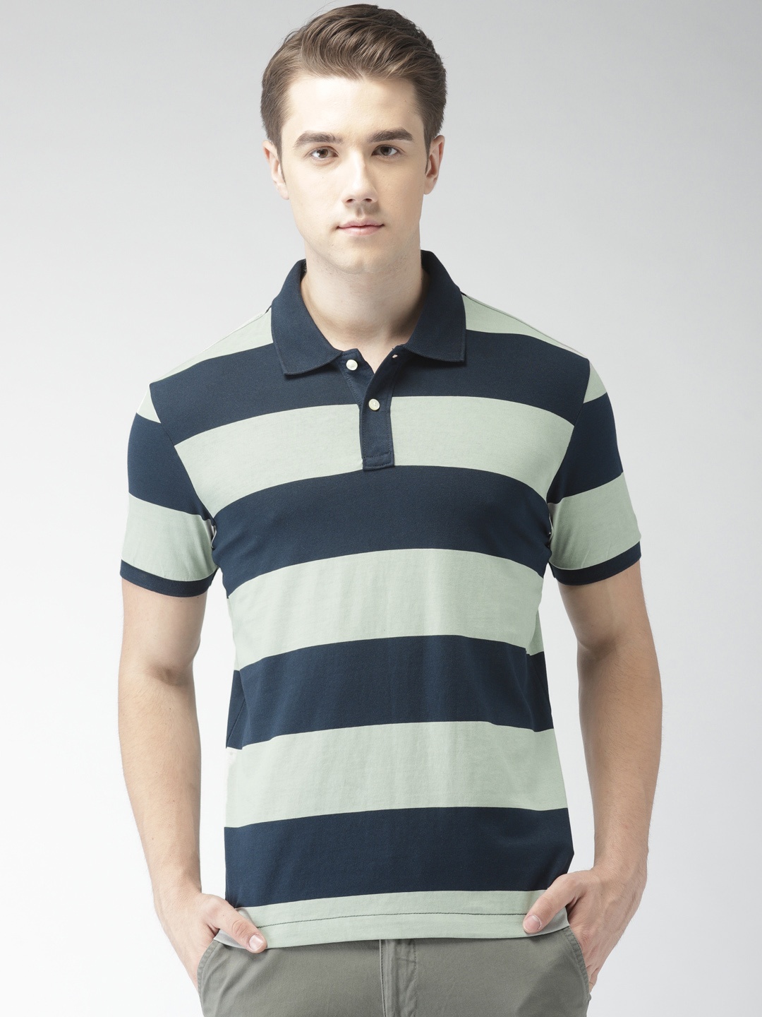 

Arrow Sport Men Navy Blue Striped Polo Collar Pure Cotton T-shirt