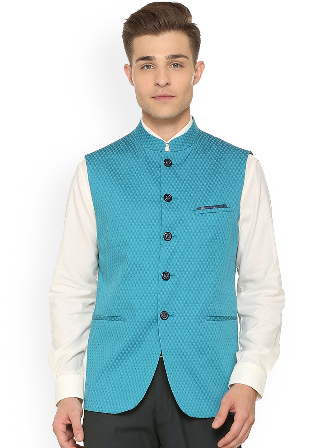 

Allen Solly Men Blue Woven Design Nehru Jacket