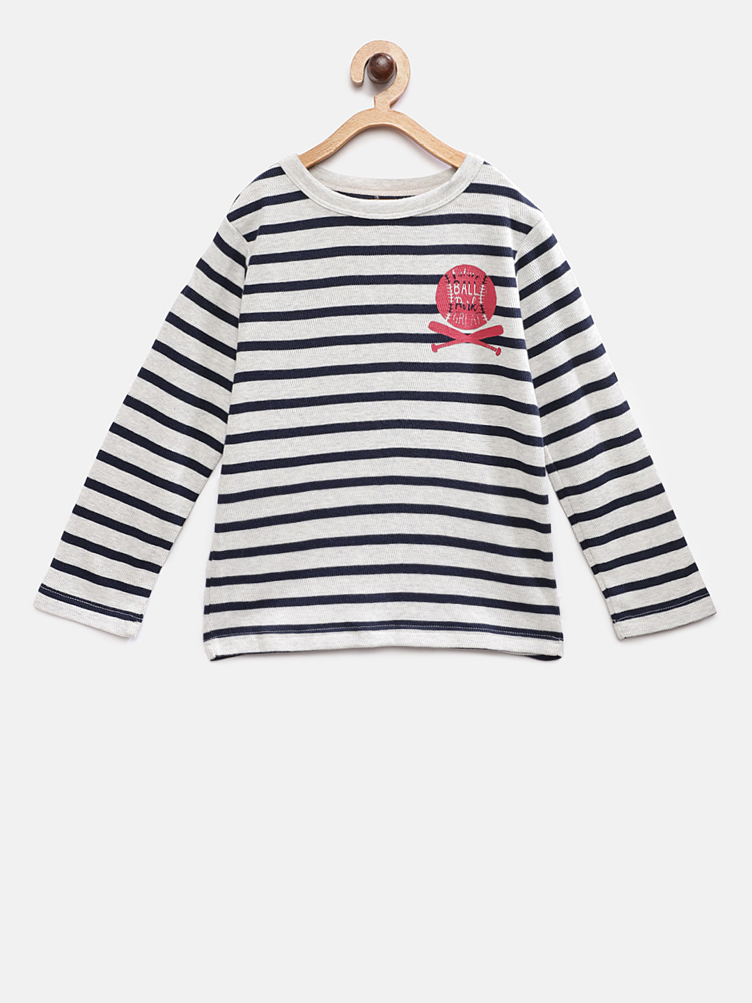

TONYBOY Boys Grey Melange & Navy Blue Striped Round Neck T-shirt