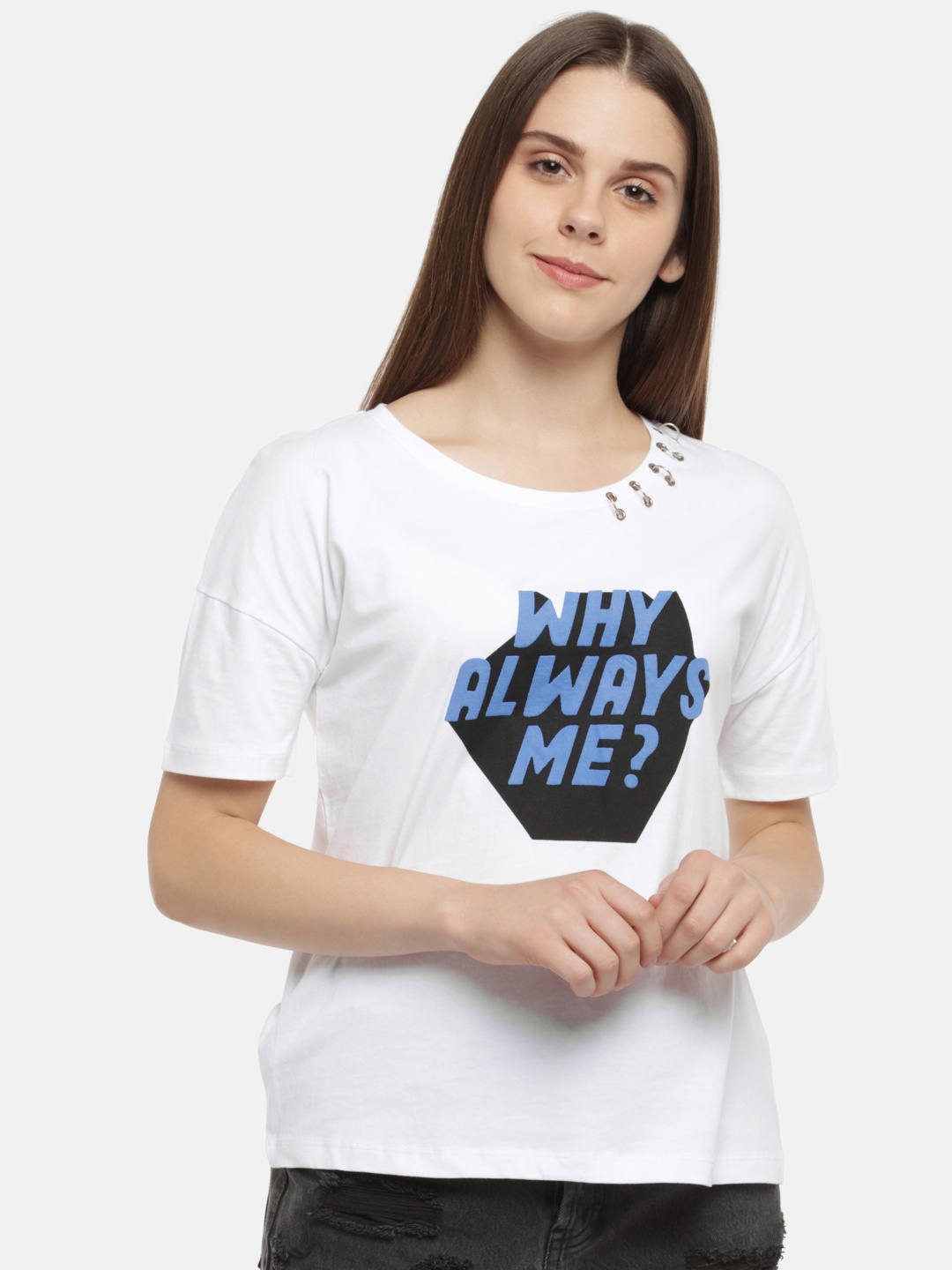 

SF JEANS by Pantaloons Women White Printed Round Neck T-shirt