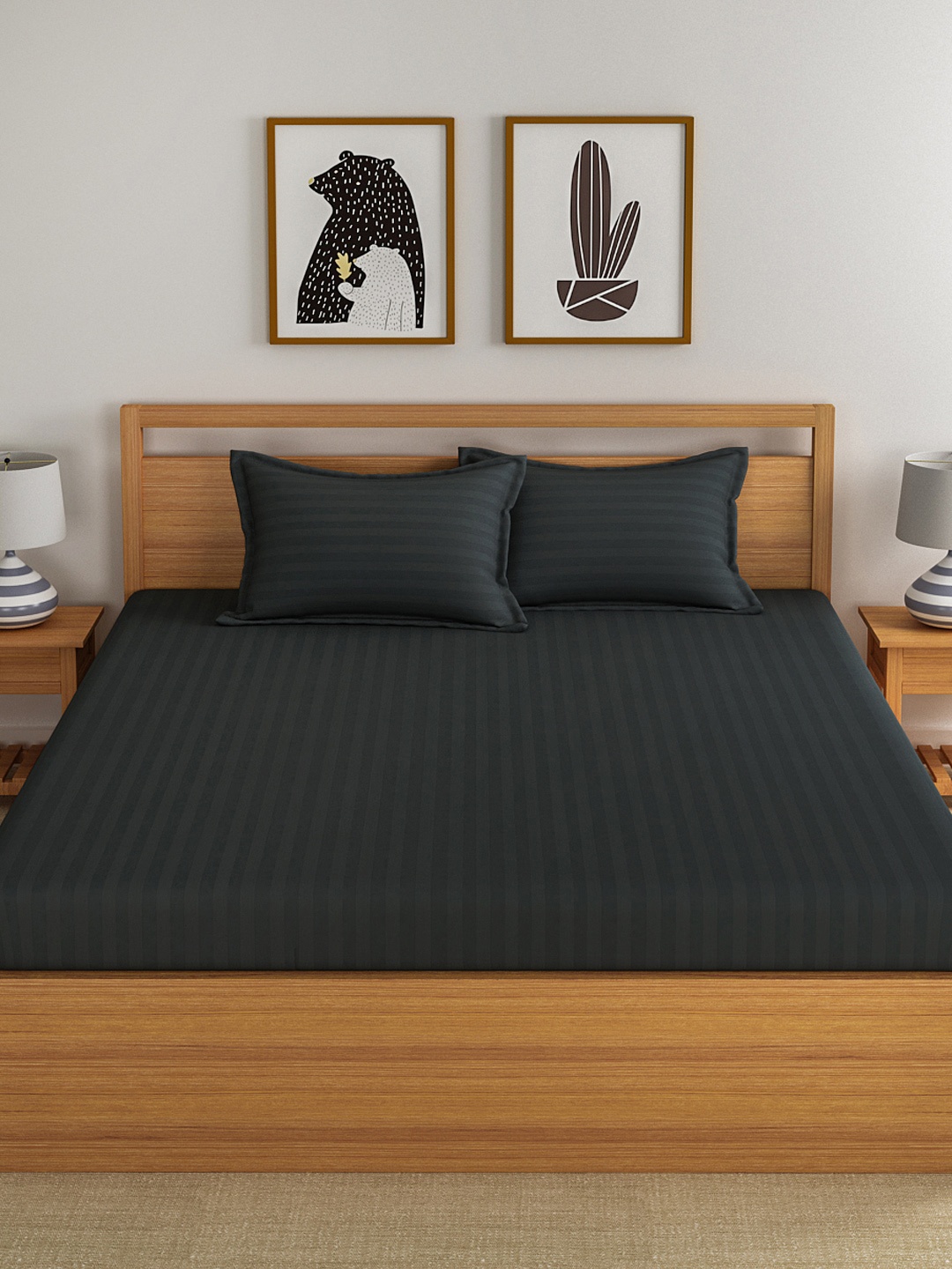 

Dreamscape Charcoal Grey Striped Flat 220 TC Cotton 1 Queen Bedsheet with 2 Pillow Covers