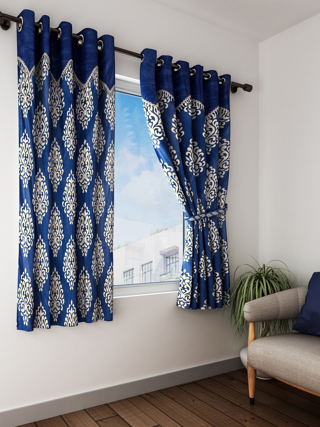 

Home Sizzler Blue & Beige Set of 2 Window Curtains