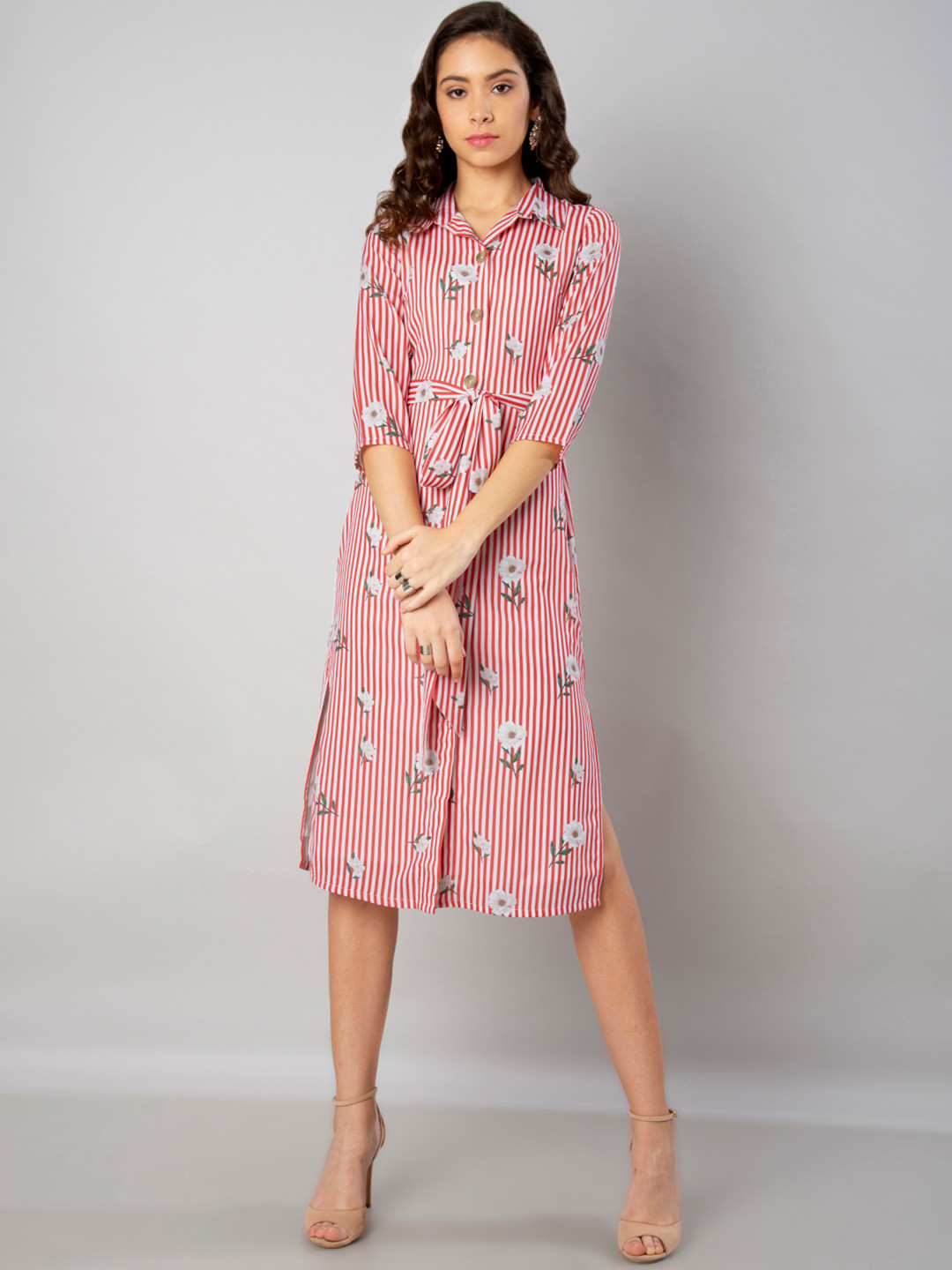 

FabAlley Women Red & White Striped Shirt Dress