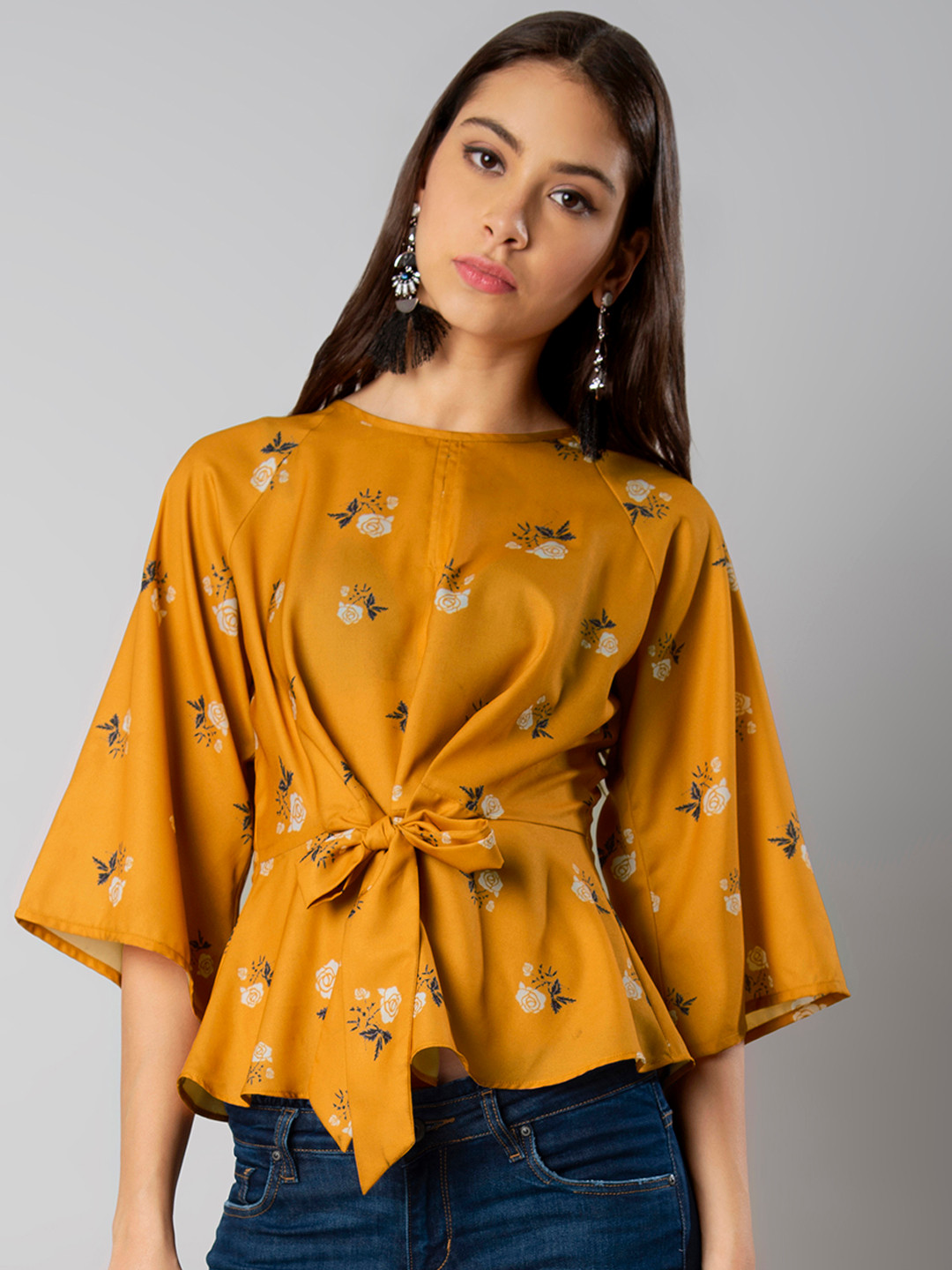 

FabAlley Women Mustard Yellow Printed Cinched Waist Top