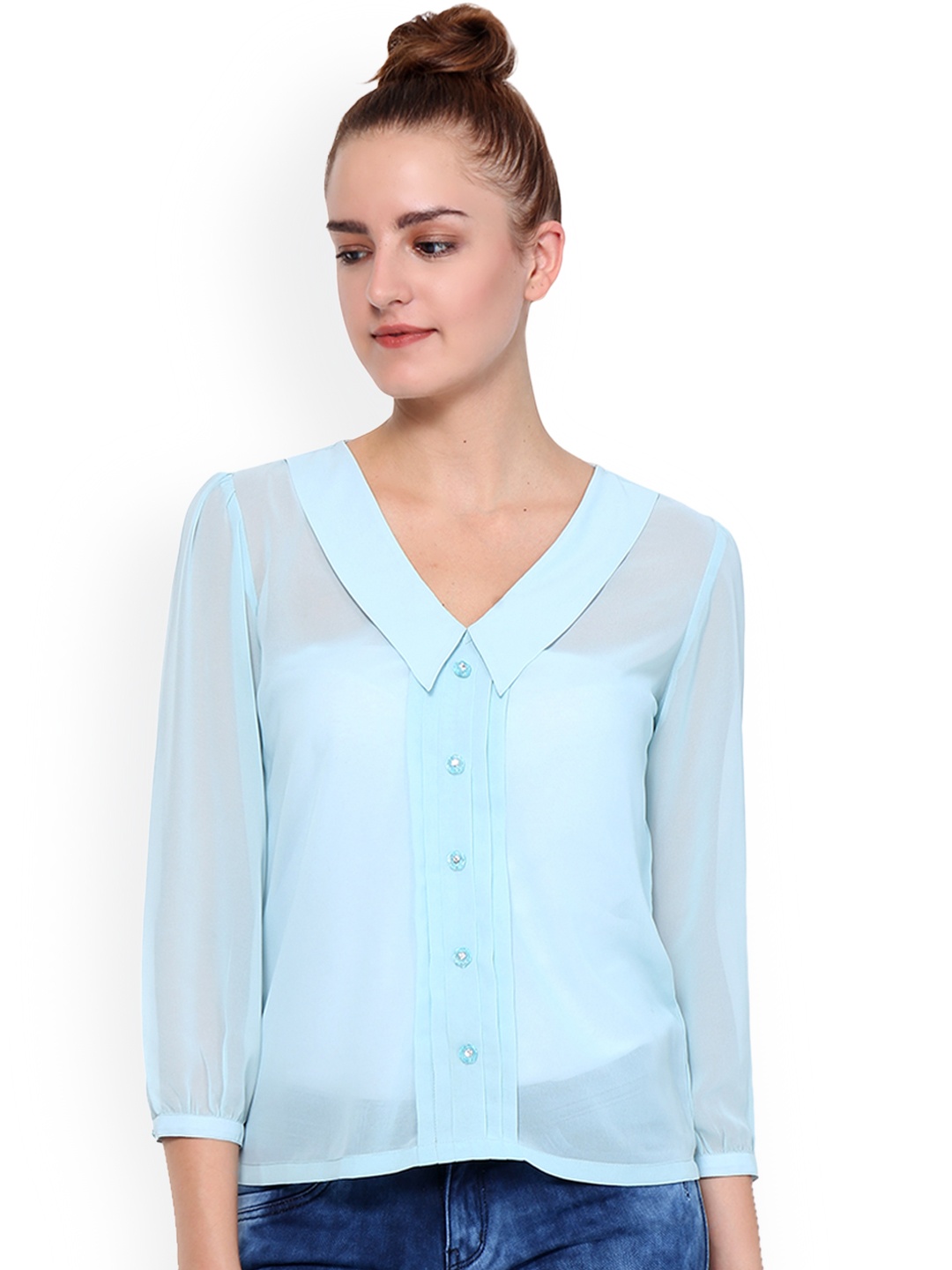 

Purple State Women Blue Solid Shirt Style Sheer Top