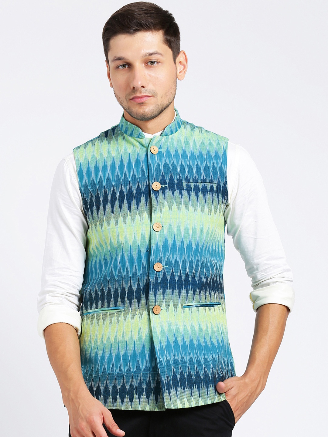 

KISAH Men Blue Green Printed Pure Cotton Nehru Jacket