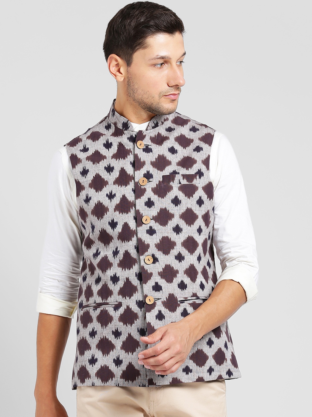 

KISAH Men Grey Brown Printed Pure Cotton Nehru Jacket