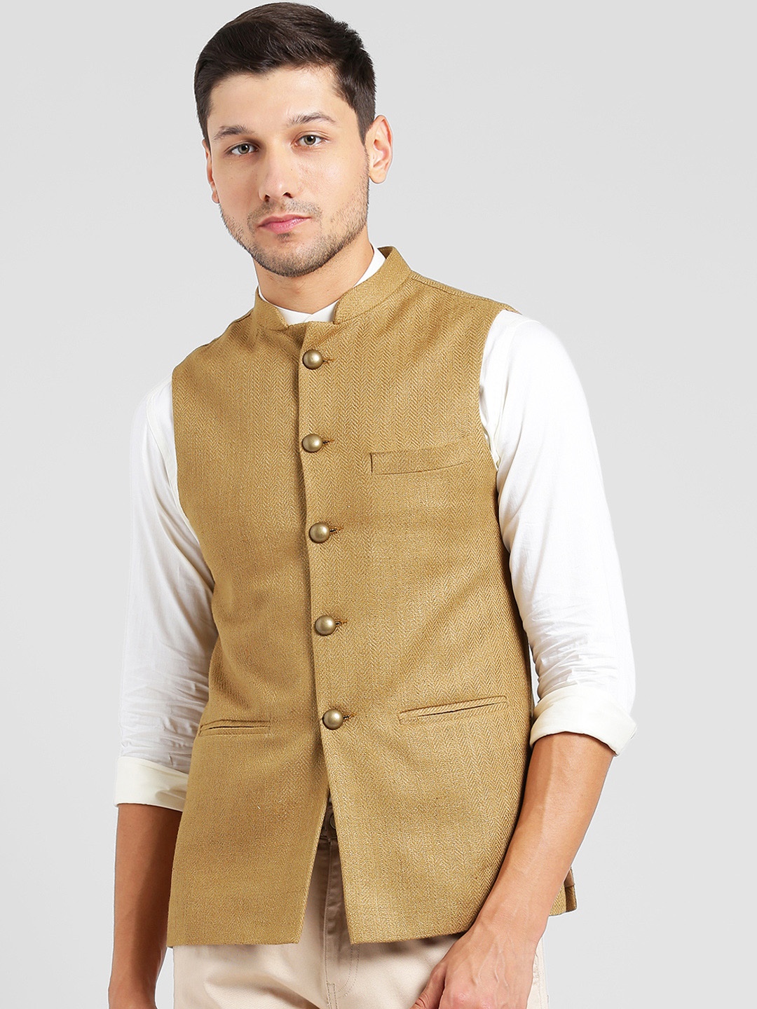 

KISAH Men Beige Woven Design Nehru Jacket