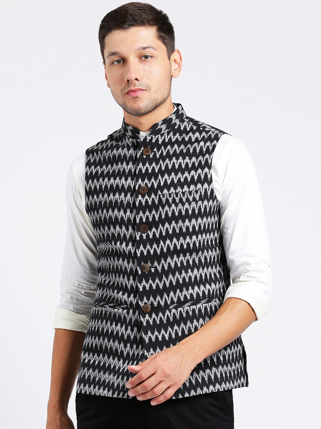 

KISAH Men Black Grey Striped Pure Cotton Nehru Jacket